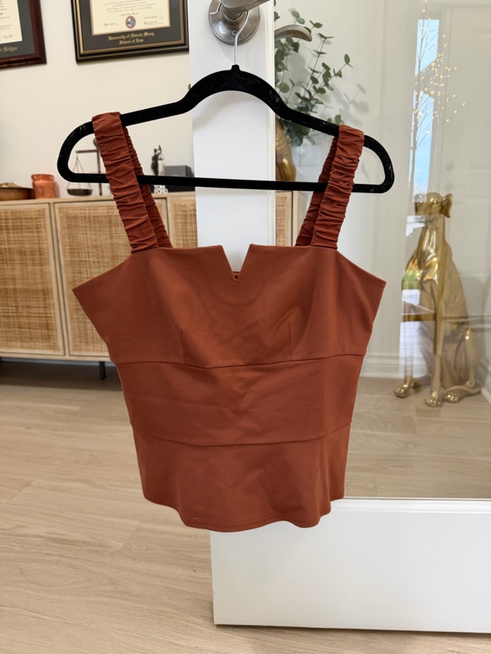 Nine West Rust Ruched-Strap Square-Neck Tank Top